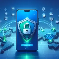 Telefon z tarczą i kłódką na tle mapy świata z ikonami usług.