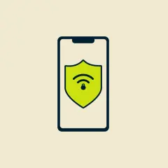 Ikona telefonu iPhone z zieloną tarczą symbolizującą bezpieczeństwo i sieć Wi-Fi.