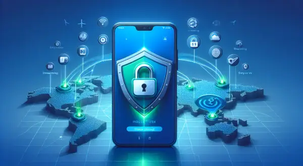 Telefon z tarczą i kłódką na tle mapy świata z ikonami usług.