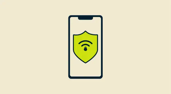 Ikona telefonu iPhone z zieloną tarczą symbolizującą bezpieczeństwo i sieć Wi-Fi.