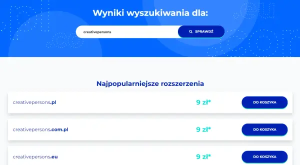 Wyniki wyszukiwania domen: creativepersons.pl, creativepersons.com.pl, creativepersons.eu, creativepersons.com.