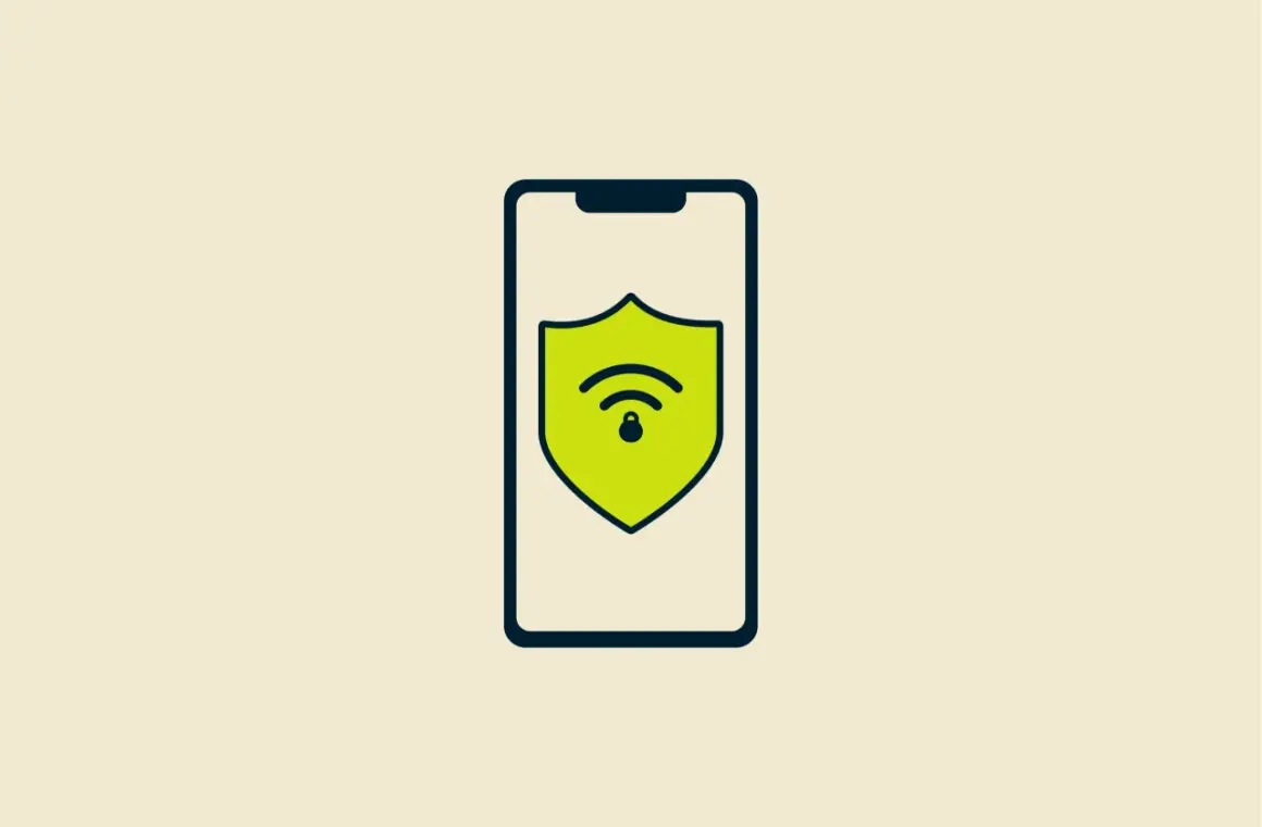 Ikona telefonu iPhone z zieloną tarczą symbolizującą bezpieczeństwo i sieć Wi-Fi.